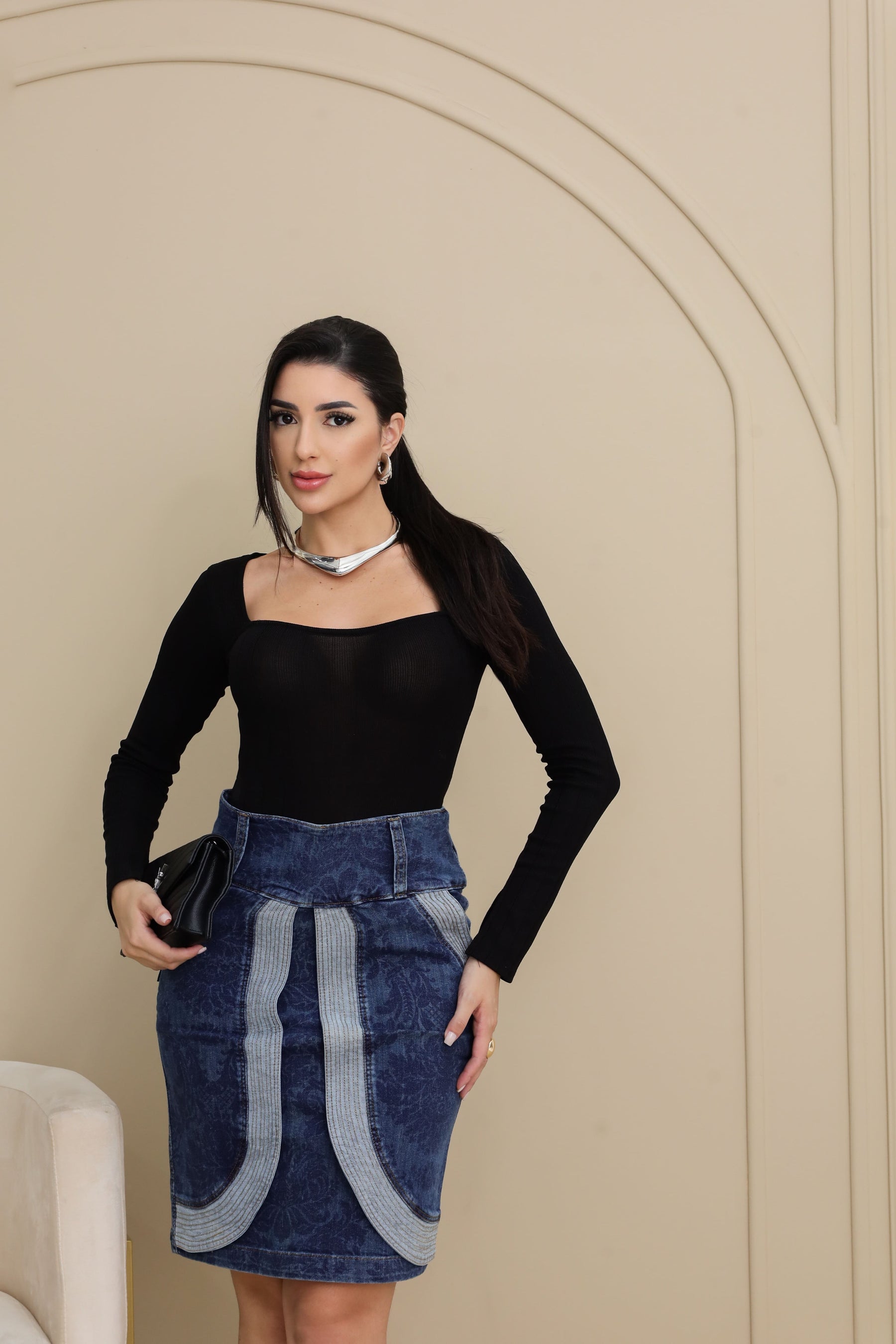 Saia Jeans Feminina com Estampa Floral