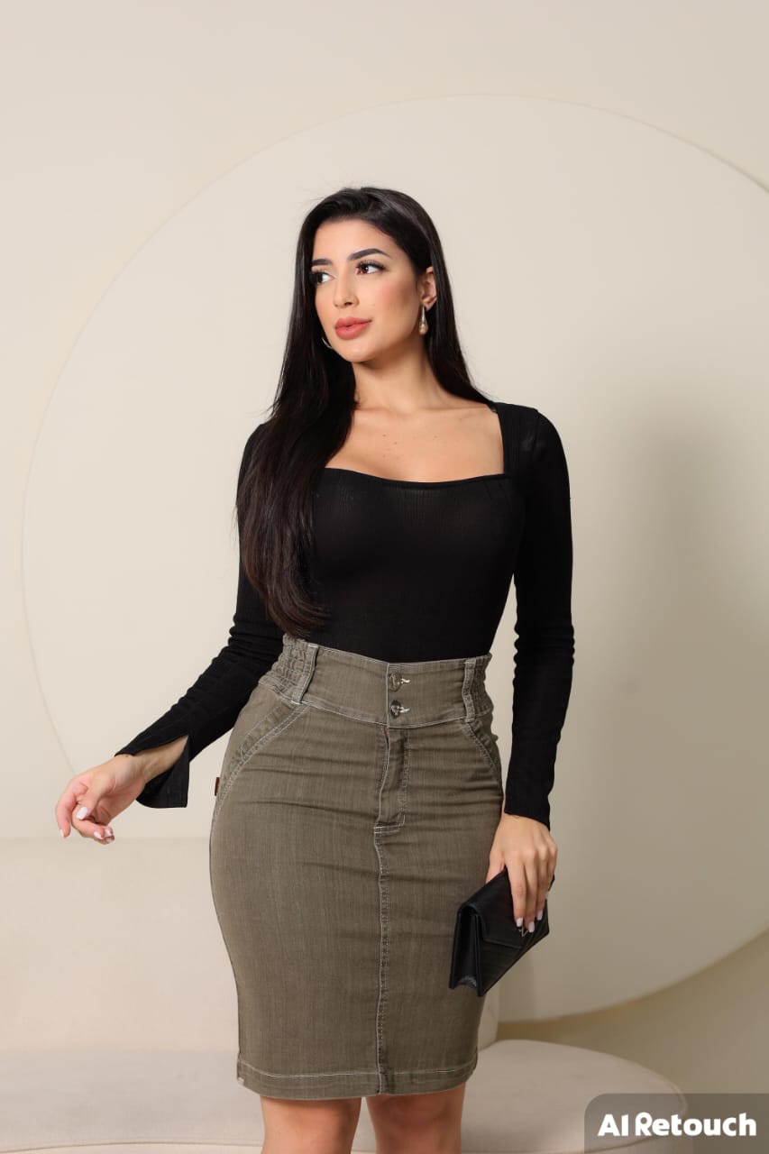 Saia Jeans Reta Cáqui com lastex na Cintura