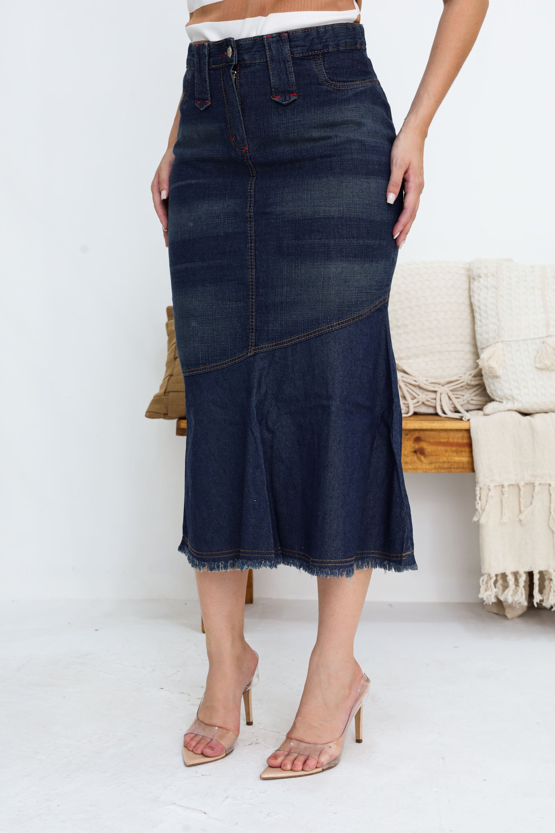 Saia Jeans Midi Peplum